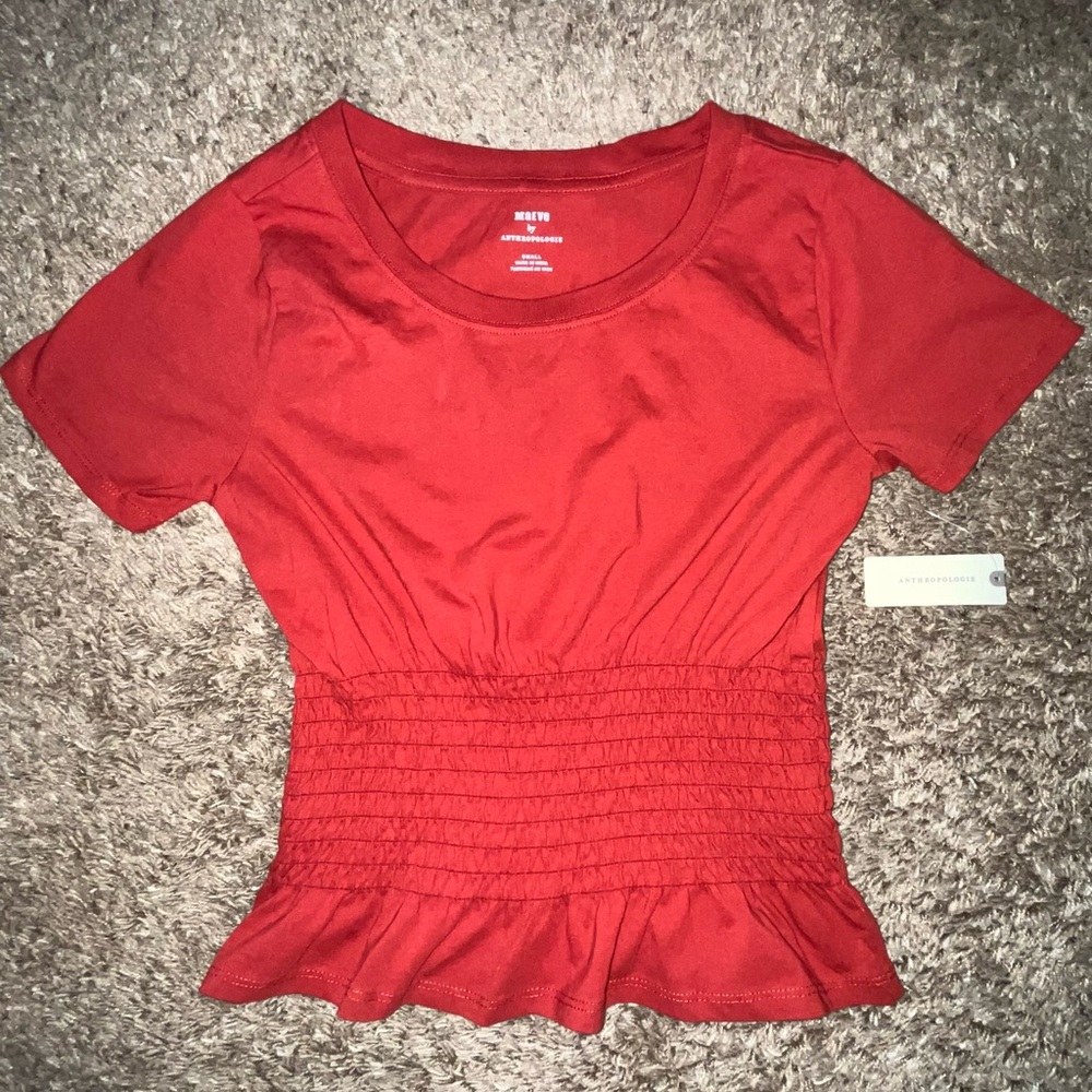 Anthropologie Burnt Orange/Sienna Short Sleeve Smocked Waist Peplum Tee